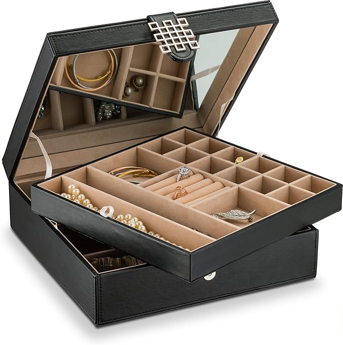 Glenor Co 28 Section Jewelry Box - 2 Layer - Buckle Snap & Magnet Closure - Large Mirror - Pu Leather - Black - Jewelry Organizer for Women & Girls - Holder for Earring Ring Necklace & Bracelet by GlenorCo