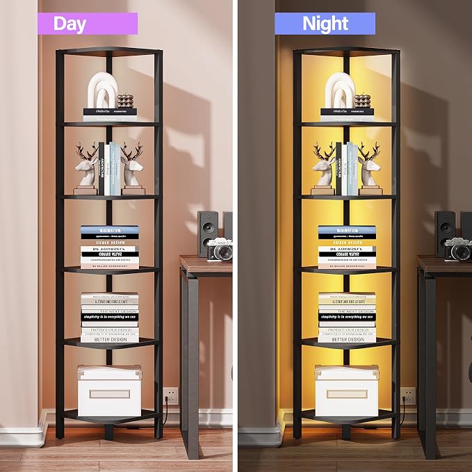 TUTOTAK Corner Shelf with LED Light, 6-Tier Corner Bookshelf for Small Space, Narrow Display Corner Shelf Stand with Storage Rack, for Living Room, Bedroom, Black BS08BK006L - Image 5