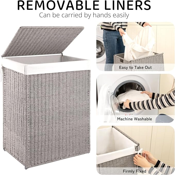 OIAHOMY Laundry Hamper with Lid, 90L(23.8 Gal) Large Wicker Laundry Basket for Bedroom, Handwoven Paper Rope Clothes Hamper with Washable Liner & Metal Frame, Decorative Organizer for Bathroom Grey - Image 3