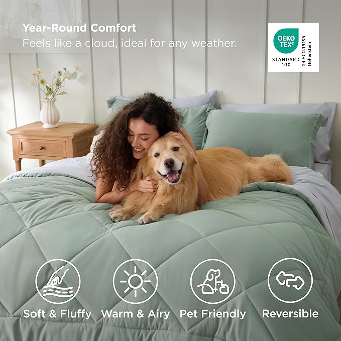 Bedsure Sage Green Twin Comforter Sets - 5 Pieces Reversible Twin Bedding Sets for College, Sage Green Extra Long Bed Set Twin with Comforters, Sheets, Pillowcase & Sham
