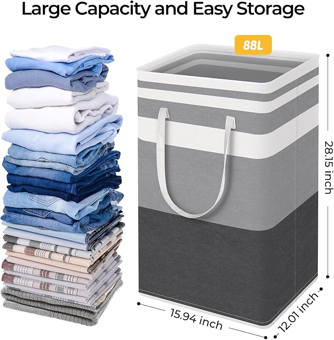 HomeHacks Large Laundry Basket, Waterproof, Freestanding Laundry Hamper, Collapsible Tall Clothes Hamper with Extended Handles for Clothes in The Dorm and Family Gradient Grey,88L - Image 4