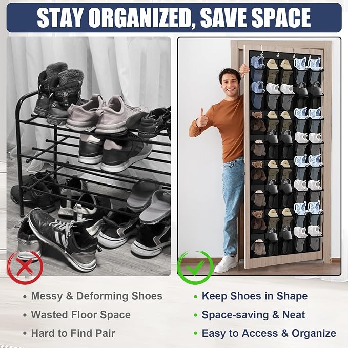 Over the Door Shoe Organizer - 40 Large Breathable Mesh Pockets, Space Saving Hanging Shoe Organizer with Metal Hooks, Hanging Shoe Rack for Men's and Women's Shoes (Black) - Image 5