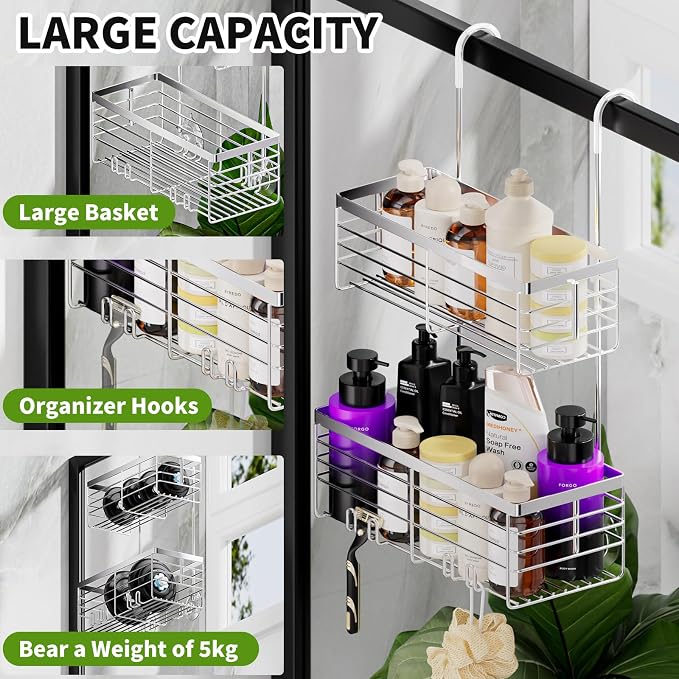 SHANSHUI Shower Hanging Caddy, Double Bathroom Showers Organizer Basket, Shampoo Bracket, Over Door Shower Rack with Hooks, 304 Stainless Steel Rustproof - Image 3
