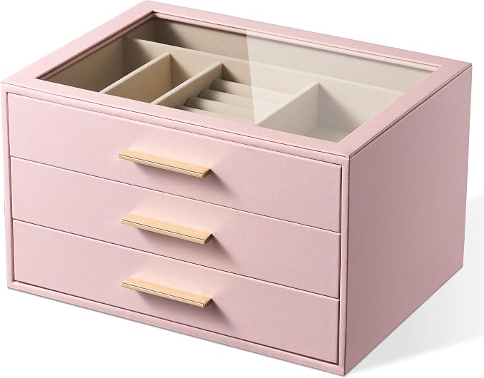 pickpiff Jewelry Box Organizer Case for Women: 3-Layer Jewelry Storage Case with Glass Window, Pink Leather with Velvet Holder for Ring Necklace Bracelet Brooch Watch, Great Gift for Her by pickpiff