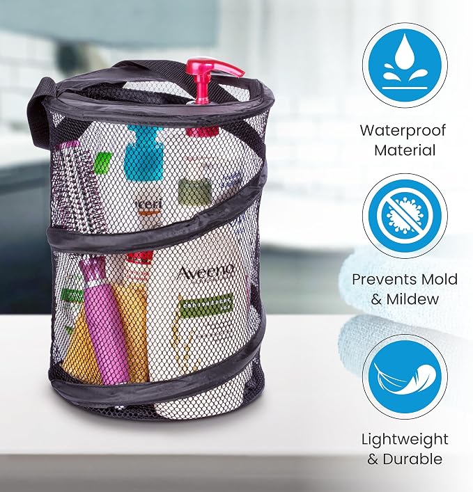 Handy Laundry Foldable Shower Caddy - Collapsible, Portable, Drainage Hole, Carry Handle, Large Compartments, Great Organizer for Camp, Travel, Gym, and Dorm (Black) - Image 4