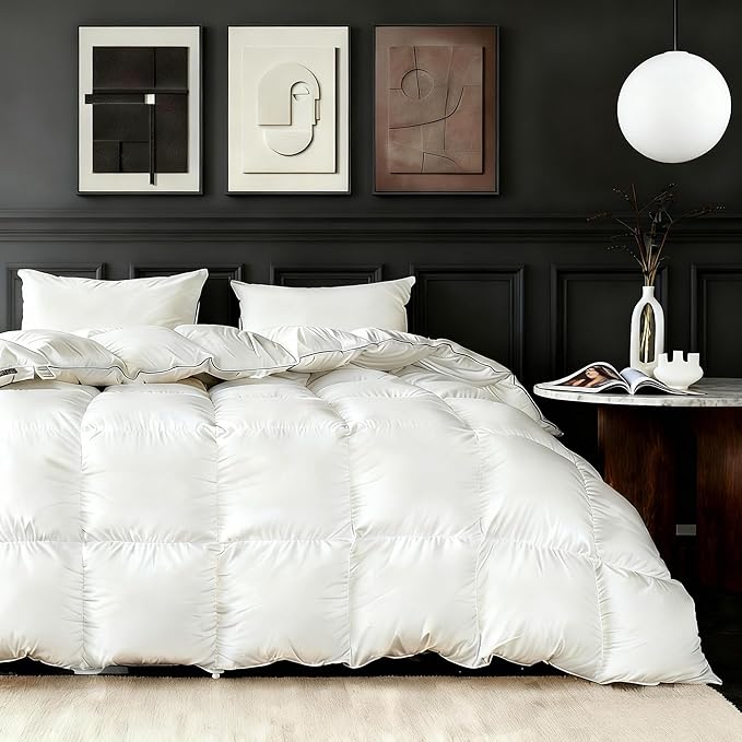 Feather Down Fiber Comforter King Size,Premium Ultra-Soft Breathable Comforter High Fill Power White Duvet Insert,All Season Hotel Luxury Bedding Comforters 8 Corner & Center Loops,Baffle Box Design