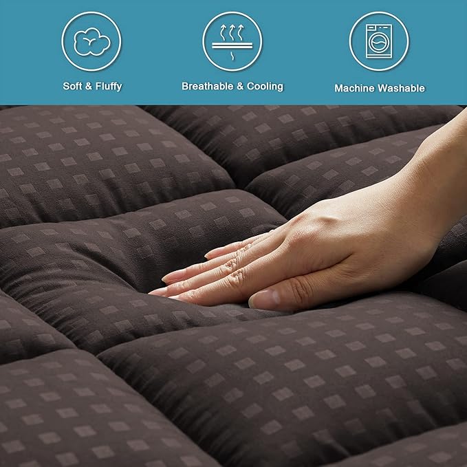HYLEORY Twin XL Mattress Pad Quilted Fitted Mattress Protector Cooling Pillow Top Mattress Cover Breathable Fluffy Soft Mattress Topper with 8-21" Deep Pocket, Brown