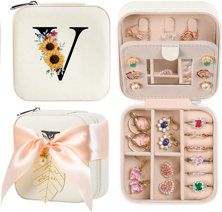 AYGXU Travel Jewelry Box for Women and Girls - Small Case With Initial A-Z - Teacher Gifts by AYGXU