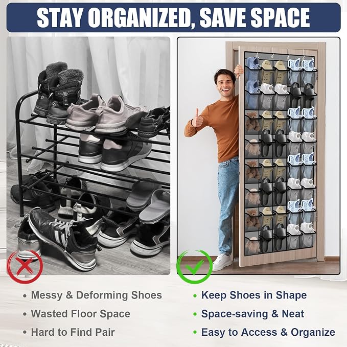 Over the Door Shoe Organizer - 40 Large Breathable Mesh Pockets, Space Saving Hanging Shoe Organizer with Metal Hooks, Hanging Shoe Rack for Men's and Women's Shoes (Grey) - Image 5
