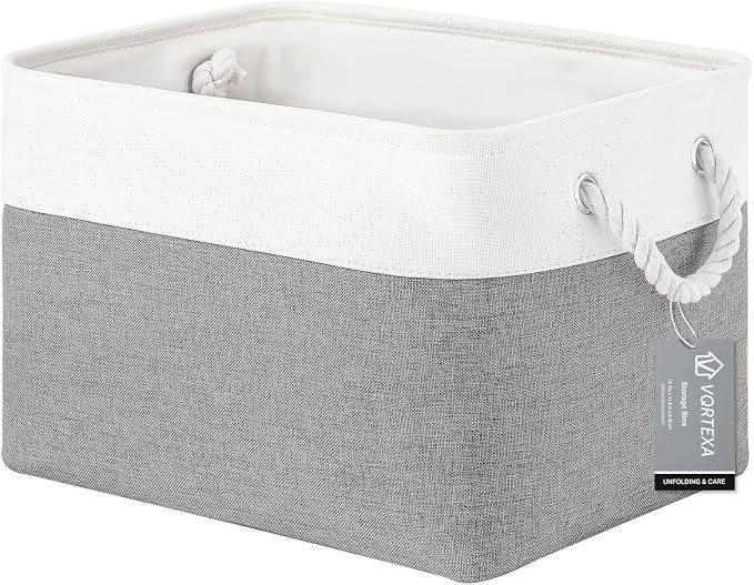 Large Storage Baskets- 15x11x10 inch Storage Bins for Shelves and Closet Organizing, Foldable Fabric Bin for Home Organization Clothes and Laundry (1-Pack, White&Gray) by VQRTEXAStorageBasket