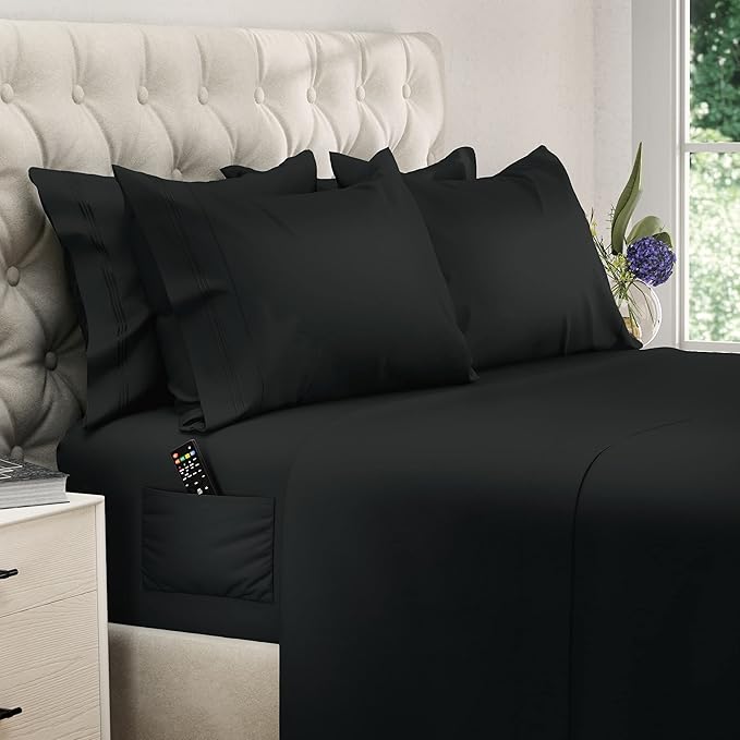 DREAMCARE Full Size Sheets - 6 pcs Breathable Cooling Bed Sheets - up to 15" Deep Pocket Full Size Bed Sheets wth Side Pockets - Extra Soft 100% Brushed Hypoallergenic Hotel Luxury Bedding - Black