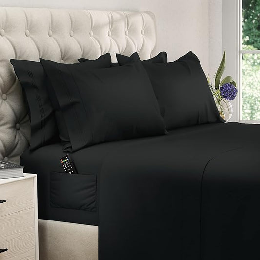 DREAMCARE Full Size Sheets - 6 pcs Breathable Cooling Bed Sheets - up to 15" Deep Pocket Full Size Bed Sheets wth Side Pockets - Extra Soft 100% Brushed Hypoallergenic Hotel Luxury Bedding - Black