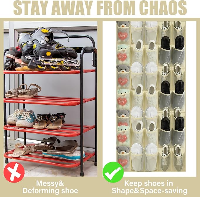 Windyun 40 Over the Door Shoe Organizer Large Breathable Mesh Pockets Hanging Shoe Rack for Closet Beige Behind Door Hanger Storage Holder Nonslip Hooks for Women Men Entryway Bedroom Utility Room - Image 3