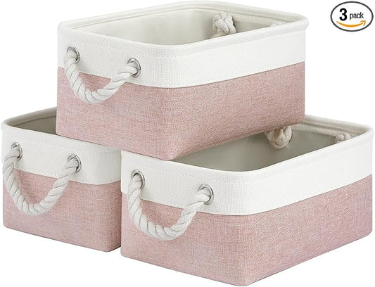 Storage Baskets for Shelves 11.8x7.9x5.2 Inch, Foldable Fabric Storage Bins with Handles, Small Storage Baskets for Organizing Closet, Office, Home Organization (3-Pack, White&Pink) by VQRTEXAStorageBasket