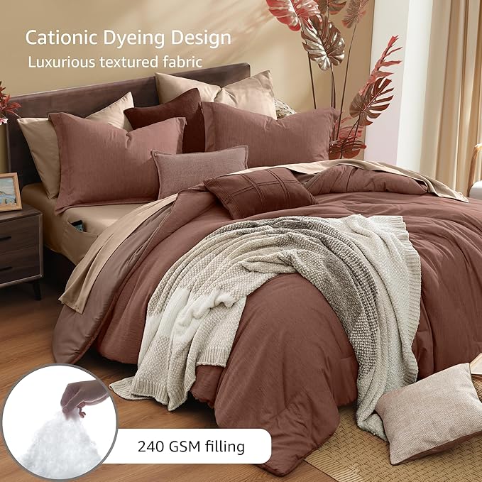 Monbix Queen Comforter Set - 7 Pieces Cationic Dyeing Terracotta Bed in a Bag Queen Bedding Sets with Comforter, Sheets, Pillowcases & Shams, Reversible Bedding Comforters Sets