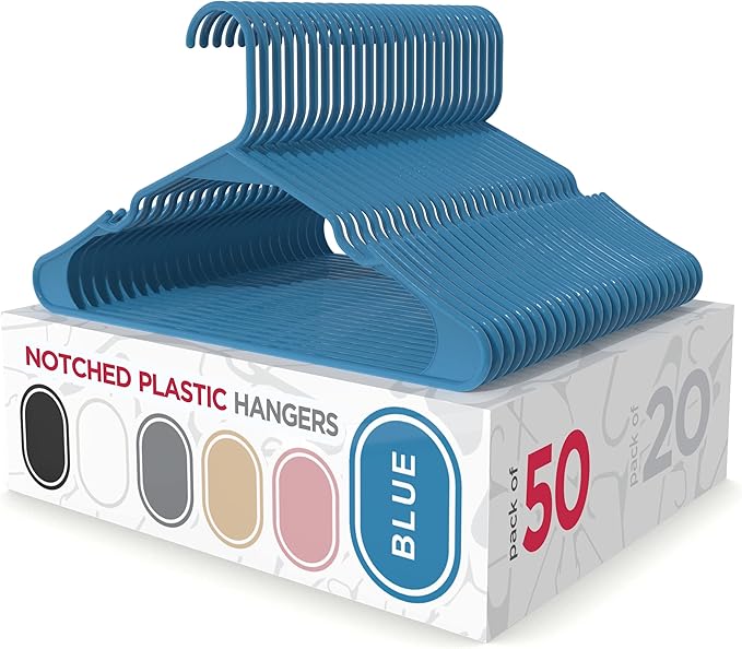 Sharpty Plastic Hangers Clothes Hangers for Clothing, Closet, Coats & Shirts - Notched, Durable & Space Saving - for Everyday Standard Use, Room Essentials & Basics - 50 Pack - Blue by Sharpty