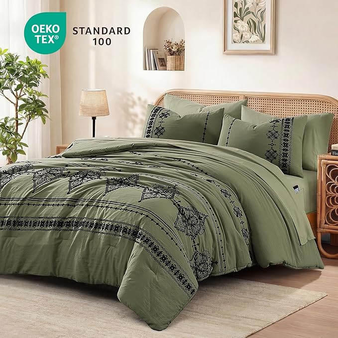 MaiRêve Queen Size Comforter Set Olive Green, Embroidery Floral Western Boho Bedding Set, All Season 7 Pieces Bed in a Bag with Sheets, Pillowcases & Shams