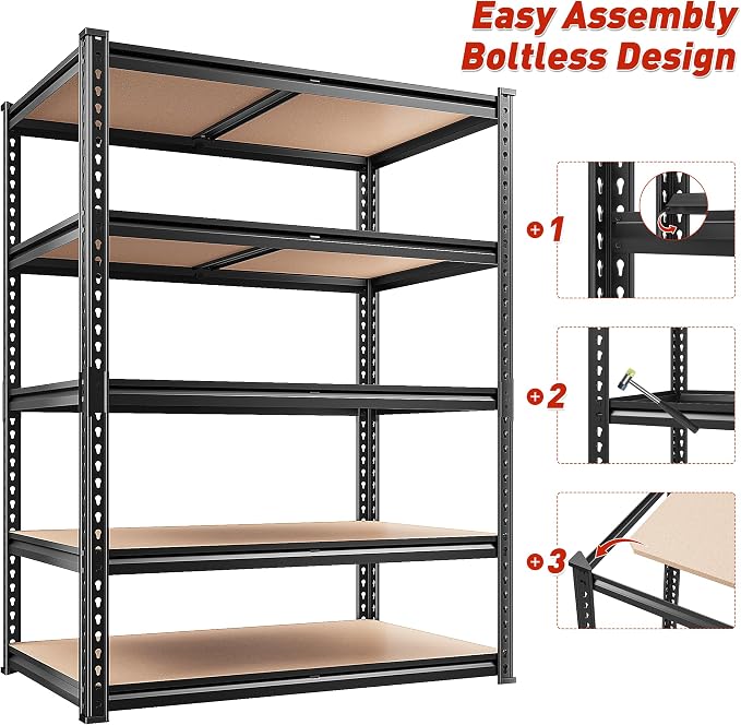 REIBII 2400LBS Storage Shelves 5 Tier Garage Shelving Heavy Duty, Adjustable Metal Shelving, Garage Shelves for Basement, Warehouse, Pantry, Closet, Kitchen 72" H x 35.55" W x 16" D, Black, 4 Pack - Image 9