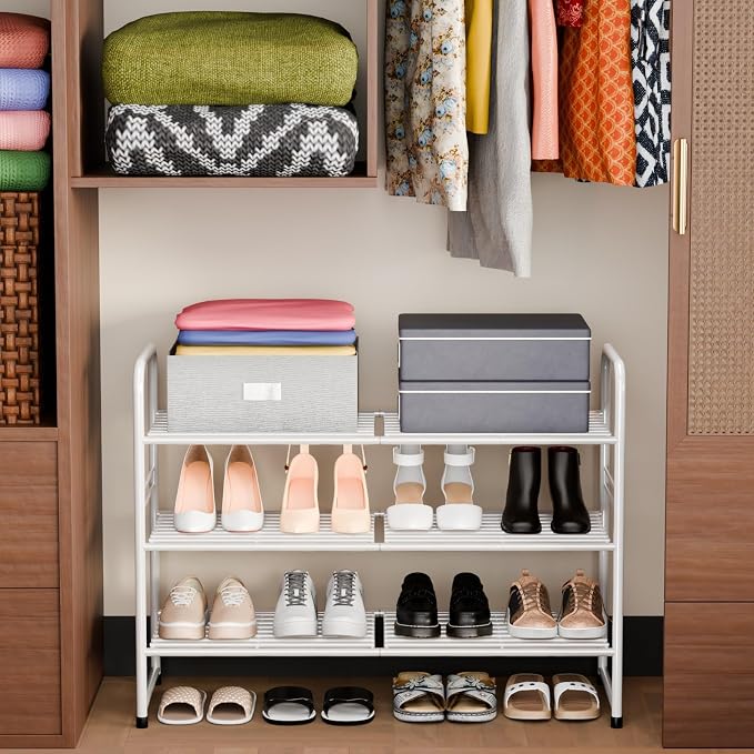 SUFAUY 3 Tier 33" Wide White Metal Shoe Rack for Closet, Stackable - Image 5