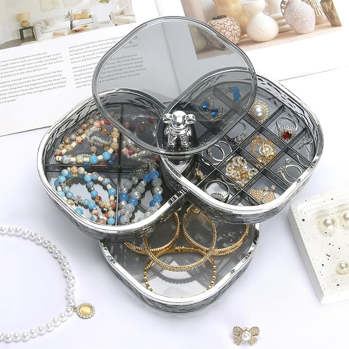 LETURE 3-Layers Rotatable Jewelry Organizer Storage Box, Clear Ripple Jewelry Holder Case for Ring Earring Necklaces Bracelets Makeup Hair Accessories, Small Rotating Jewelry Tray for Women (Grey) - Image 5