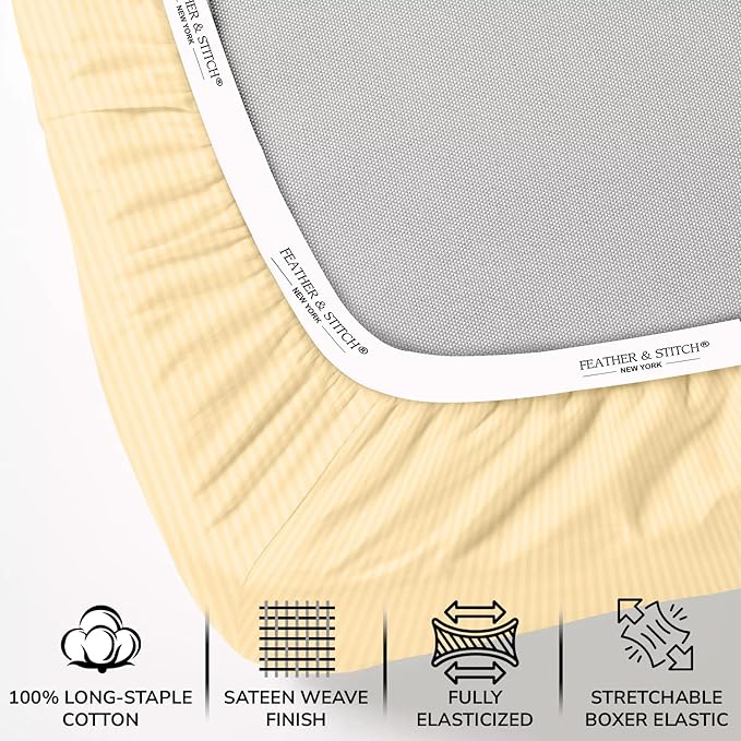 Feather & Stitch 500 TC Full Size Damask Bed Sheet Set, 100% Cotton Soft Breathable Bedsheets, 4 Piece 18" Deep Pockets Sateen Weave Striped Bedding Mattress Resort Hotel Luxury - (Semolina Stripe)