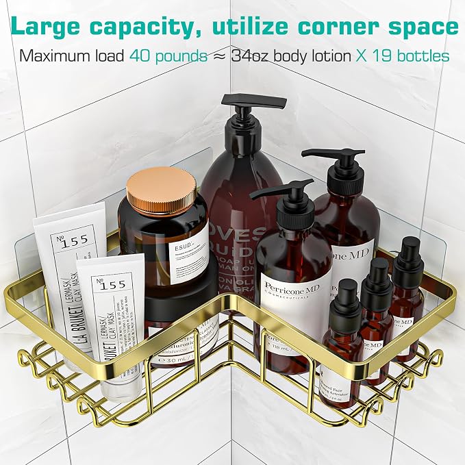 YASONIC Corner Shower Caddy, 3-Pack Adhesive Bathroom Caddy with Soap Holder and 12 Hooks, Rustproof Stainless Steel Shower Organizer, No Drilling Wall Mounted Shower Rack, for Bathroom, Gold - Image 2