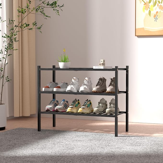 ROMGUAR CRAFT 3 Tier Bamboo Shoe Rack for Closet Free Standing Wood Shoe Shelf Storage Organizer for Entryway Small Space Stackable 27"x11"x20" (Black) - Image 2