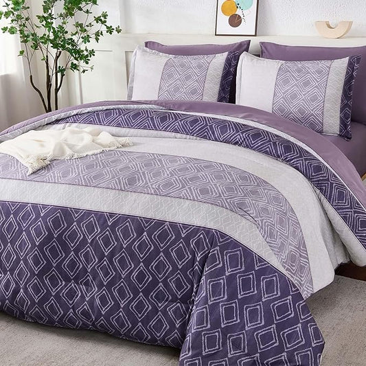 Dinjoy Purple King Size Comforter Set,Striped Boho Bed in a Bag King 7 Pieces Soft Microfiber Warm Fall Bedding Comforters Sets Modern Complete Bed Set for Women All Season