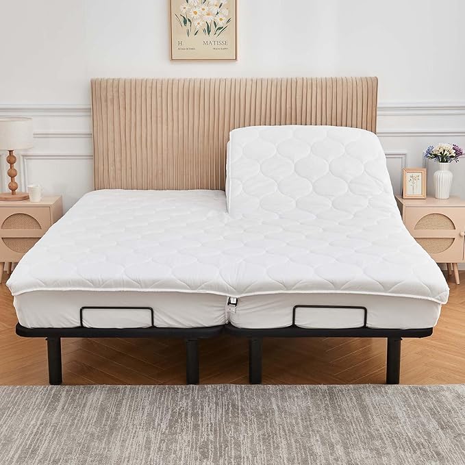 Kingnex Quilted Split Top Cal King Mattress Topper Pad for Adjustable Bed Breathable Fitted Fluffy Pillow Top Mattress Pad Split Top Cal King