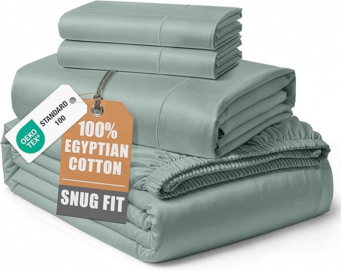 LANE LINEN 100% Egyptian Cotton Queen Sheet Set,15 inch Deep Pocket Fully Elasticized French Reinforced Pocket Seams for Soft, Comfy & Fresh Bed Eco Friendly Cooling Sheets Queen - Jadeite