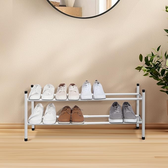 STORAGE MANIAC Expandable Shoe Rack, 8 Pairs Stackable Small Shoe Rack, Metal Adjustable Shoes Organizer for Closet, Entryway, Hallway, Garage, Front Door, Shoes Shelves, White 2 Tier - Image 7