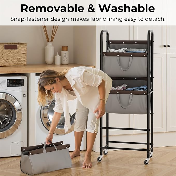 GRANNY SAYS 3 Tier Laundry Sorter, Laundry Hamper with Wheels, Laundry Room Organization and Storage, 3 Section Rolling Laundry Cart for Dorm, Bathroom, Bedroom, Closet, Grey - Image 3