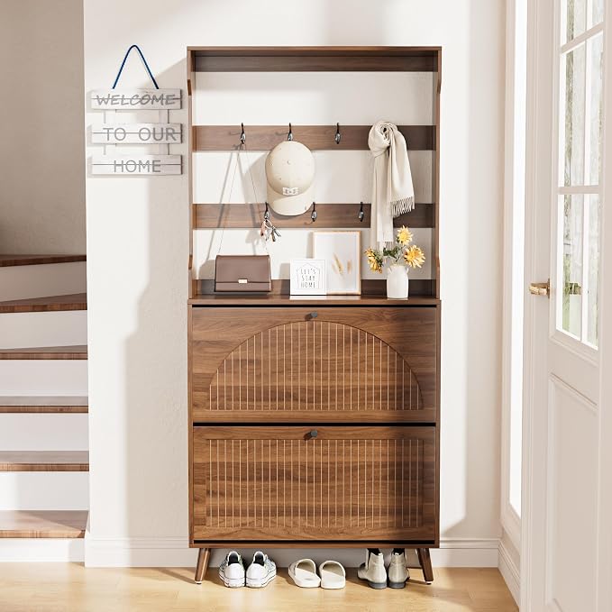 Fsbecl Shoe Cabinet for Entryway with 2 Flip Drawers & Coat Rack, Narrow Hidden Shoe Storage Cabinet with Fluted Panel, 2-in-1 Hall Tree Slim Freestanding Shoe Rack Organizer for Hallway, Walnut - Image 7
