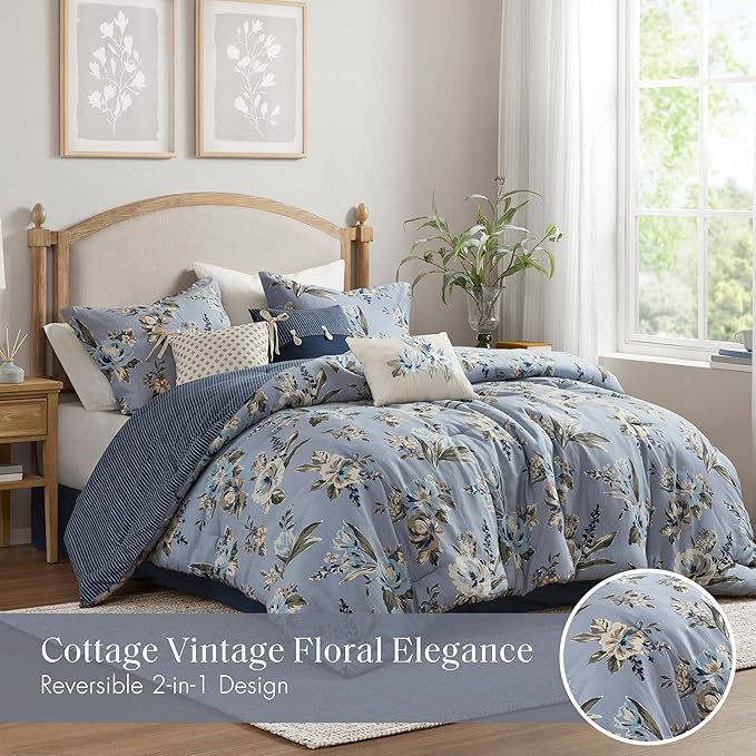 Madison Park Cal King Comforter Set Vintage Floral Reversible Comforters Cal King Size Bed, All Season Bedding Cal King Size Comforter, Bedskirt, Pillows, Shams, Salara, Cal King Blue 7 Piece