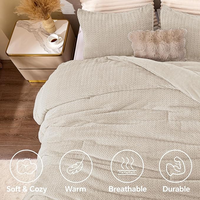 Flannel Fleece Comforter King Set - Furry Linen Leaves Pattern Faux Fur Bed Set, Winter Ultra Soft Fuzzy Comfort Set, Velvet Bedding Set for Bed with 2 Pillow Cases