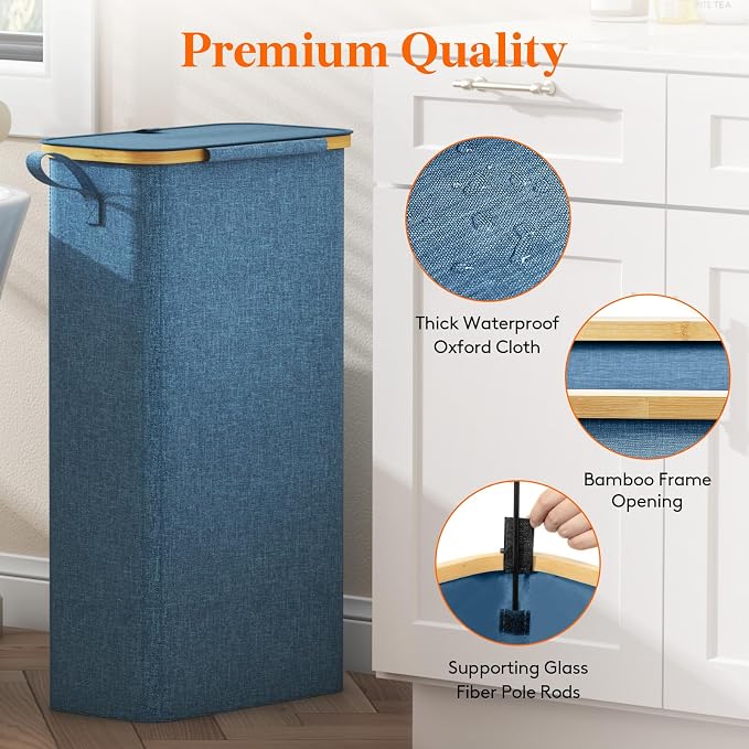 Lifewit 65L Slim Laundry Hamper with Lid, Narrow Laundry Basket with Removable Bag & Bamboo Handles, Fodable Thin Dirty Clothes Hamper for Laundry Collapsible Bin for Bathroom Bedroom Dorm, Dark Blue - Image 7