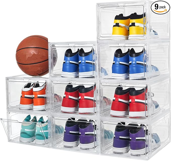 Attelite X-Large Clear Shoe Boxes Stackable Plastic Shoe Organizer ,Thicken & Sturdy Shoe Storage Box with Magnetic Door, Drop Front Shoe Box For Display Sneakers( 9 Pack, Clear White) by Attelite