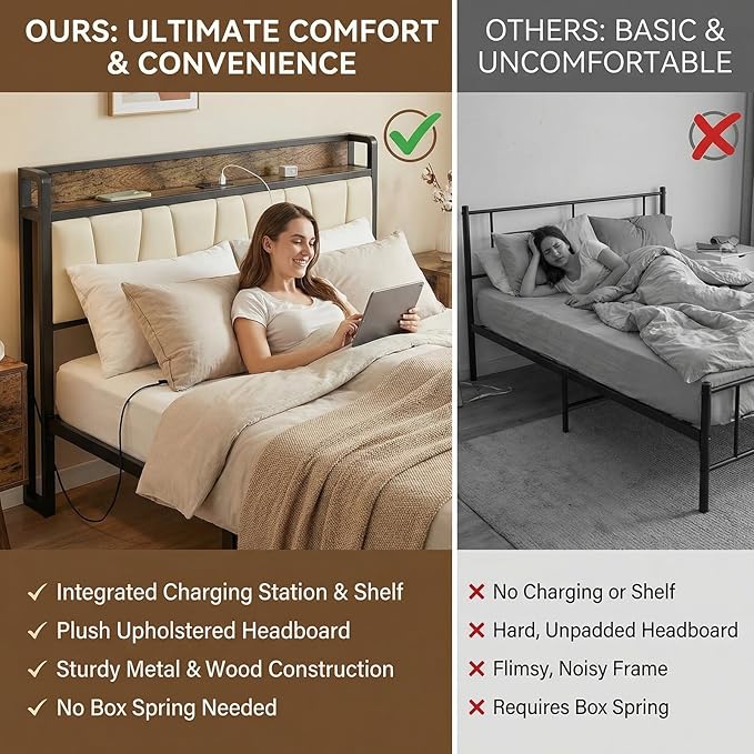 LIKIMIO Full Size Bed Frame, Storage Headboard with Charging Station, Solid and Stable, Noise Free, No Box Spring Needed, Easy Assembly (Walnut and Beige)