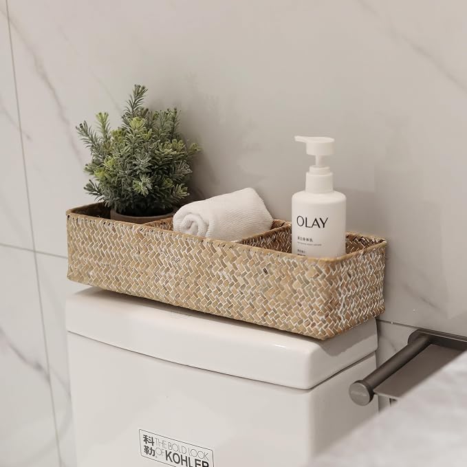 Seagrass Storage Basket 3 Sections Woven Shelf Baskets with Compartment (Whitewash, 14.6inch x 4.7inch x 3.1inch) - Image 4