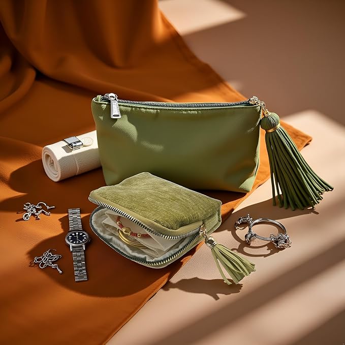 Small Travel Jewelry Case - Jewelry Travel Organizer Bag with Tassel Zipper for Bracelets, Necklaces, Bangles, Jewelry Organizer Storage Bag Gift for Women Girls - LJB001-Olive Green - Image 6
