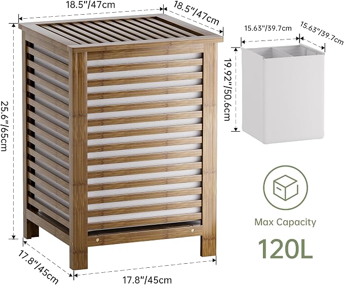 SMIBUY Double Laundry Hamper with Lid, 120L Bamboo Laundry Basket with Removable Liner Bag, 2-Section Clothes Divider Laundry Sorter for Laundry Room, Bathroom, Bedroom (Walnut) - Image 4