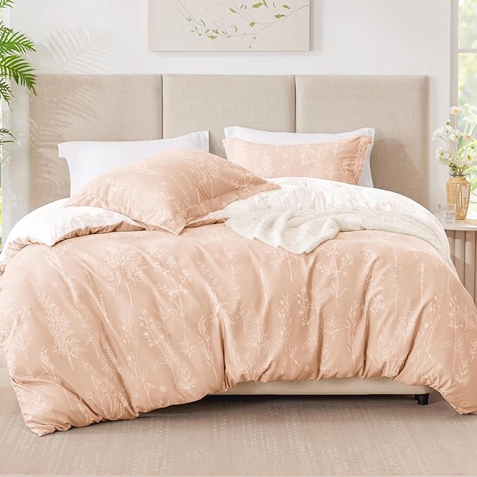Love's cabin Pink Queen Comforter Set - Queen Size Comforter Set, 3 Pieces Cute Floral Bedding Sets for All Seasons,1 Soft Reversible Botanical Flowers Comforter and 2 Pillow Shams