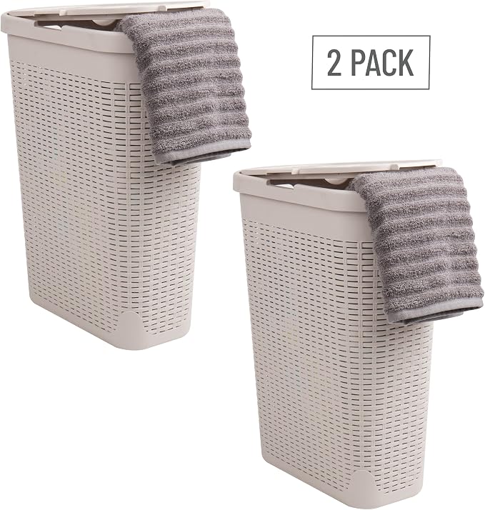 Mind Reader Slim Laundry Hamper with Lid, 40L Clothes Basket, Narrow Tapered Design with Ventilated Cutout Pattern, Plastic, Set of 2, Ivory - Image 7