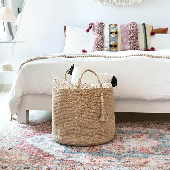 Mkono Tall Wicker Laundry Basket Woven Storage Basket Decorative Natural Rope Basket Wooden Bead Decoration for Blankets,Toys,Clothes,Shoes,Plant Organizer Bin with Handles Living Room 15"Wx17.7"L - Image 3