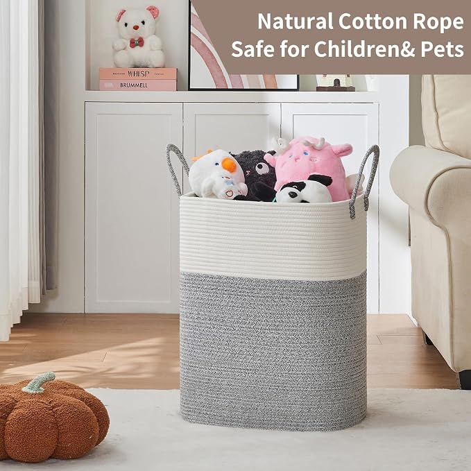 AINUOQI Laundry Basket with Handles - Blanket Basket & Hampers for Bedroom Aesthetic, Laundry Hamper & Blanket Storage for Living Room, Clothes Hamper, Tall, Large 17" x 14" x 24”, White & Grey - Image 7