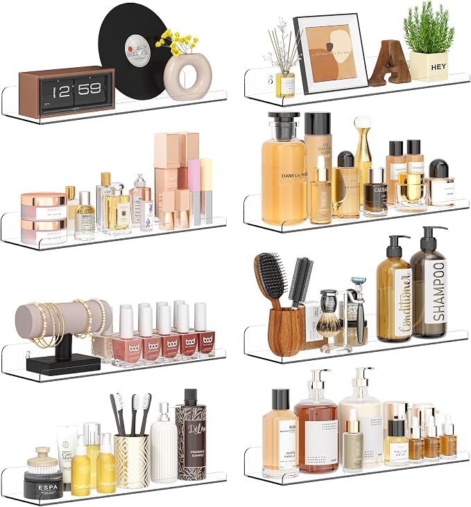 Qukaka Floating Shelves for Wall Decor, 15" Extra Clear Wall Shelves for Bedroom, Living Room, Kitchen, Bathroom Decor, Nail Polish/Book/Decoration/Makeup/Perfume Organizer Floating Shelf-8Pack by QukakaHomeCare
