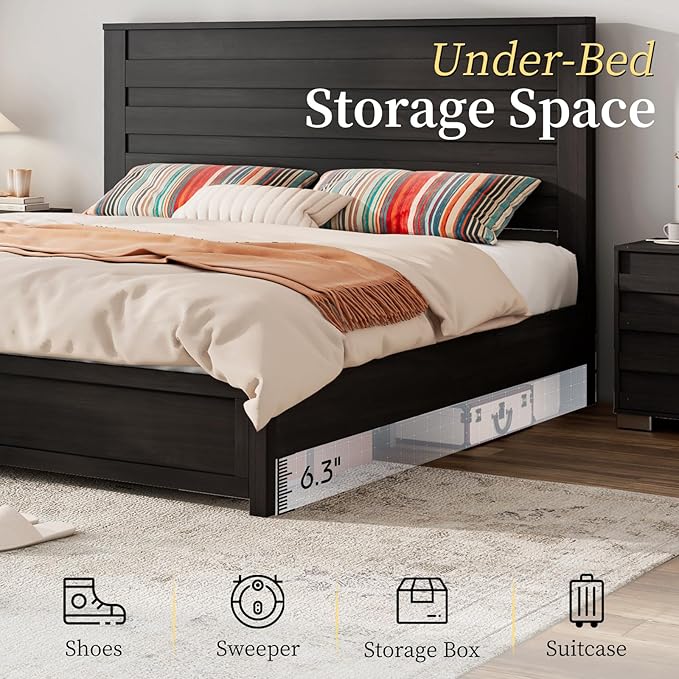 LUXOAK 3 Pcs Bedroom Furniture Sets - Includes Farmhouse Full Size Bed Frame with 49" Tall Headboard and Nightstand Sets of 2 with Charging Station, Slated Handles & Stainless Steel Feet, Black