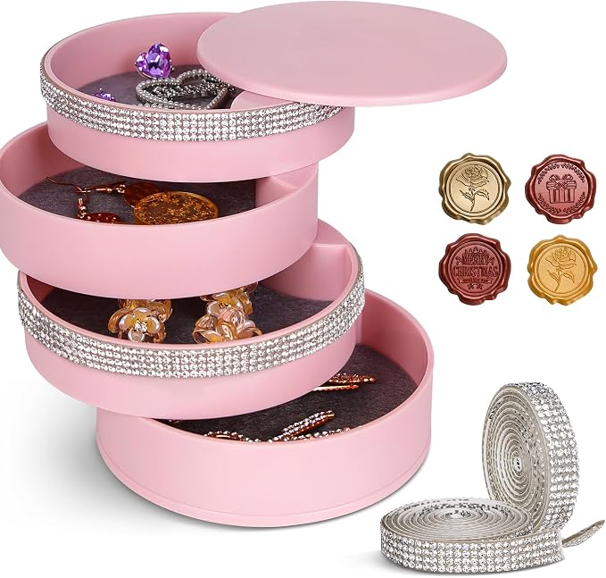 CONBOLA Jewelry Holder Organizer, Christmas Gifts Ideas for Women, Small Jewelry Storage Box Earring Holder, 5-Layer Rotating Jewelry Storage Tray with Lid for Bracelets Rings Bracelets by CONBOLA