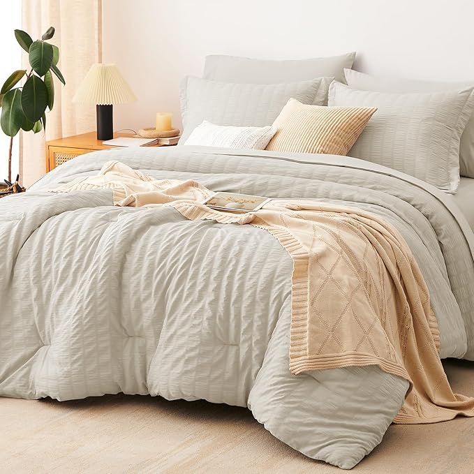 CozyLux King Size Comforter Set Oatmeal Seersucker 7 Pieces Bed in a Bag King Comforter Set with Sheets, Luxury Bedding Sets with Down Alternative Comforter, Sheets, Pillowcases & Shams All Seasons