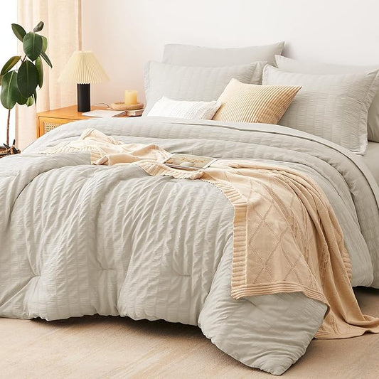 CozyLux Full Size Comforter Sets with Sheets 7 Pieces, Oatmeal Seersucker Bed in a Bag Textured Luxury Soft Bedding Sets with Down Alternative Comforter, Sheets, Pillowcases & Shams for All Season